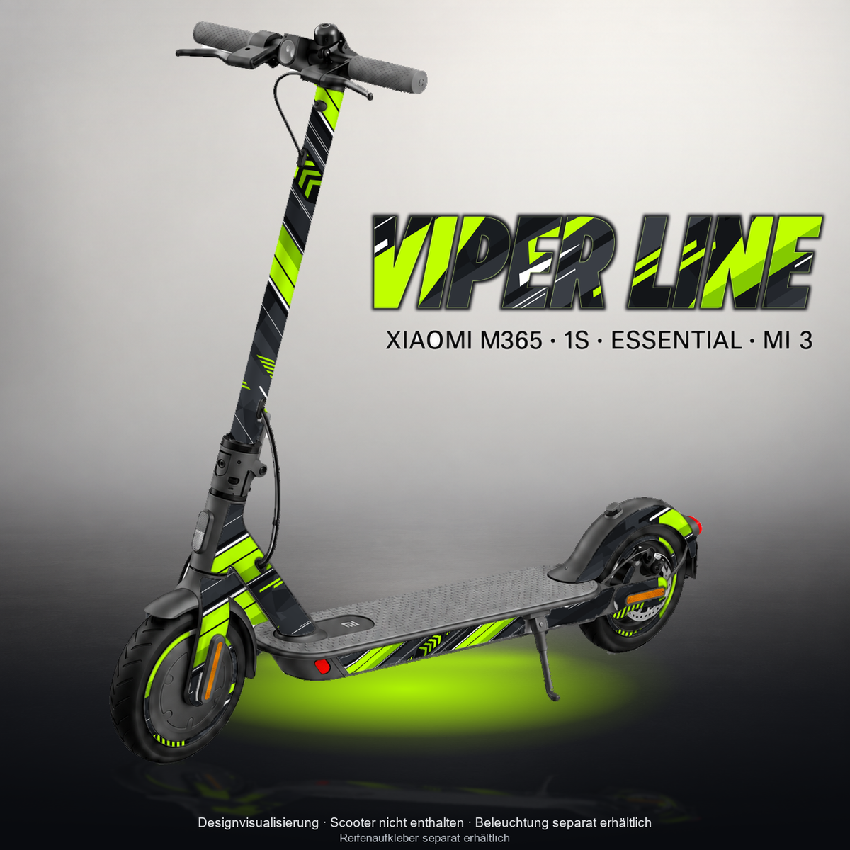 XIAOMI M365 / 1S / ESSENTIAL / MI 3 SKIN | VIPER LINE – Designvisualisierung mit Licht in der Skinfarbe; Scooter nicht enthalten, Beleuchtung separat erhältlich