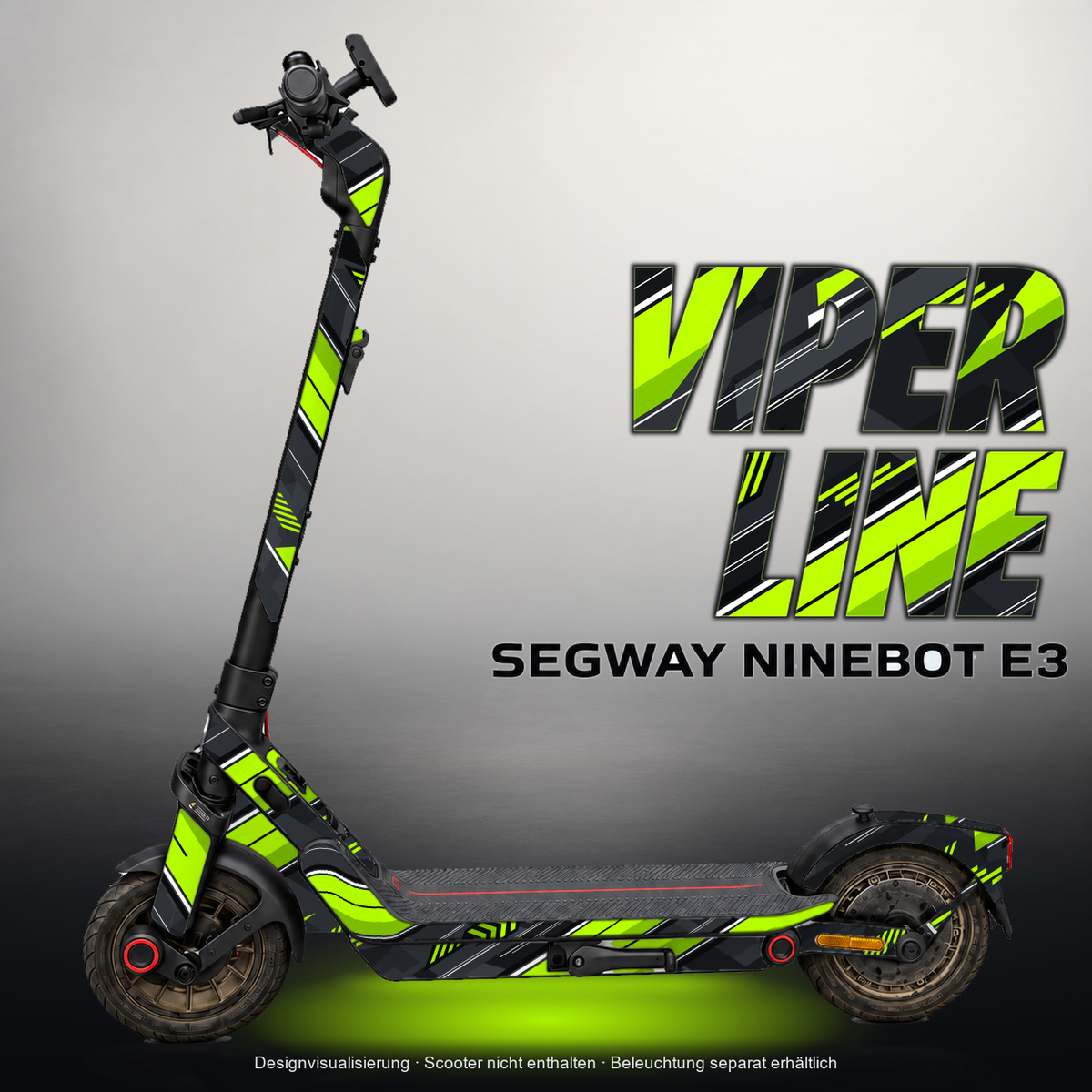 SEGWAY NINEBOT E3 / E3 PRO SKIN | VIPER LINE – Designvisualisierung mit Licht in der Skinfarbe; Scooter nicht enthalten, Beleuchtung separat erhältlich