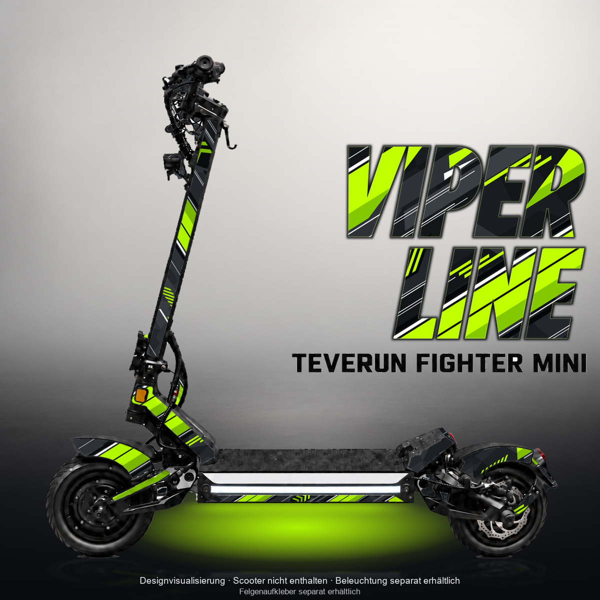 TEVERUN FIGHTER MINI / PRO SKIN | VIPER LINE – Designvisualisierung mit Licht in der Skinfarbe; Scooter nicht enthalten, Beleuchtung separat erhältlich