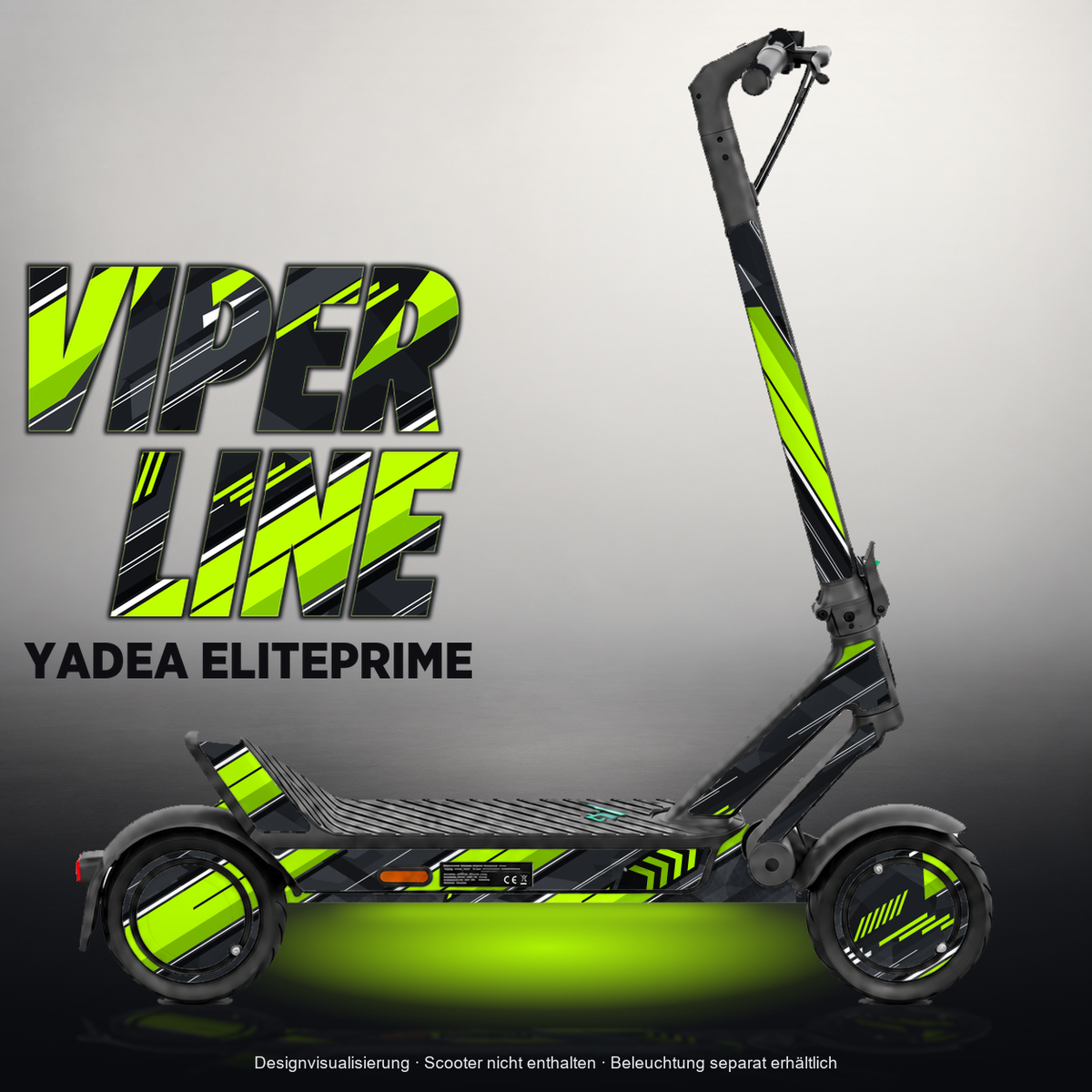YADEA ELITEPRIME SKIN | VIPER LINE – Designvisualisierung mit Licht in der Skinfarbe; Scooter nicht enthalten, Beleuchtung separat erhältlich