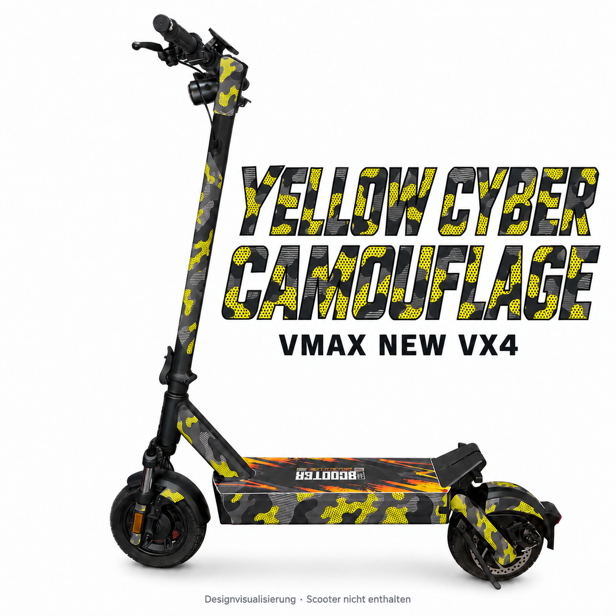 VMAX NEW VX4 SKIN | YELLOW CYBER CAMOUFLAGE – Designvisualisierung am passenden Scooter. Scooter nicht enthalten.