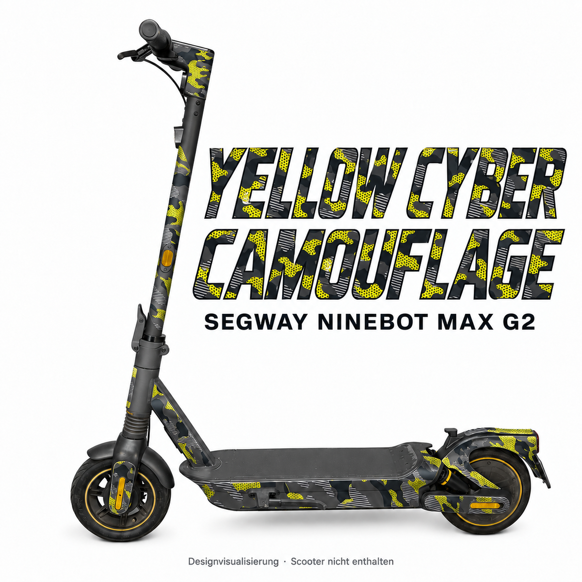 SEGWAY NINEBOT G2 MAX SKIN | YELLOW CYBER CAMOUFLAGE – Designvisualisierung am passenden Scooter. Scooter nicht enthalten.