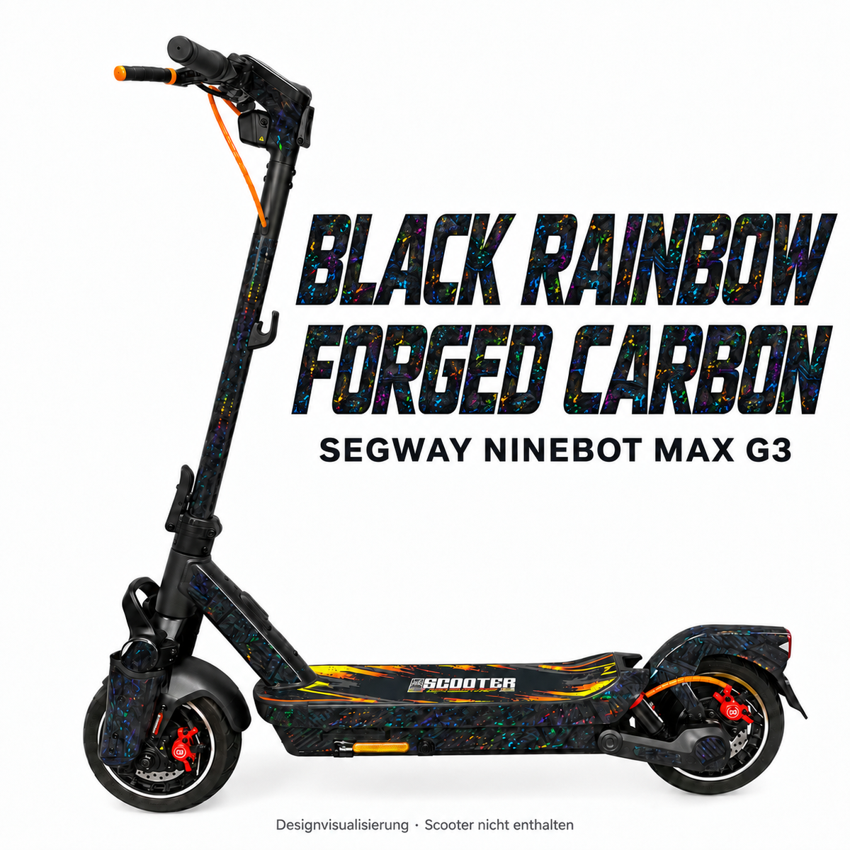 SEGWAY NINEBOT G3 SKIN | BLACK RAINBOW FORGED CARBON – Designvisualisierung am passenden Scooter. Scooter nicht enthalten.