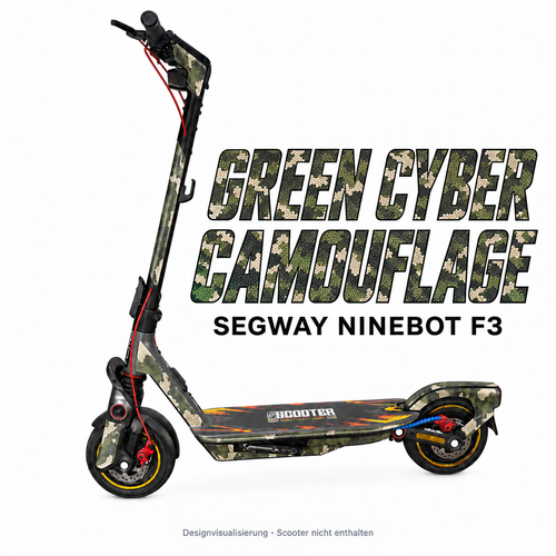 SEGWAY NINEBOT F3 SKIN | GREEN CYBER CAMOUFLAGE – Designvisualisierung am passenden Scooter. Scooter nicht enthalten.
