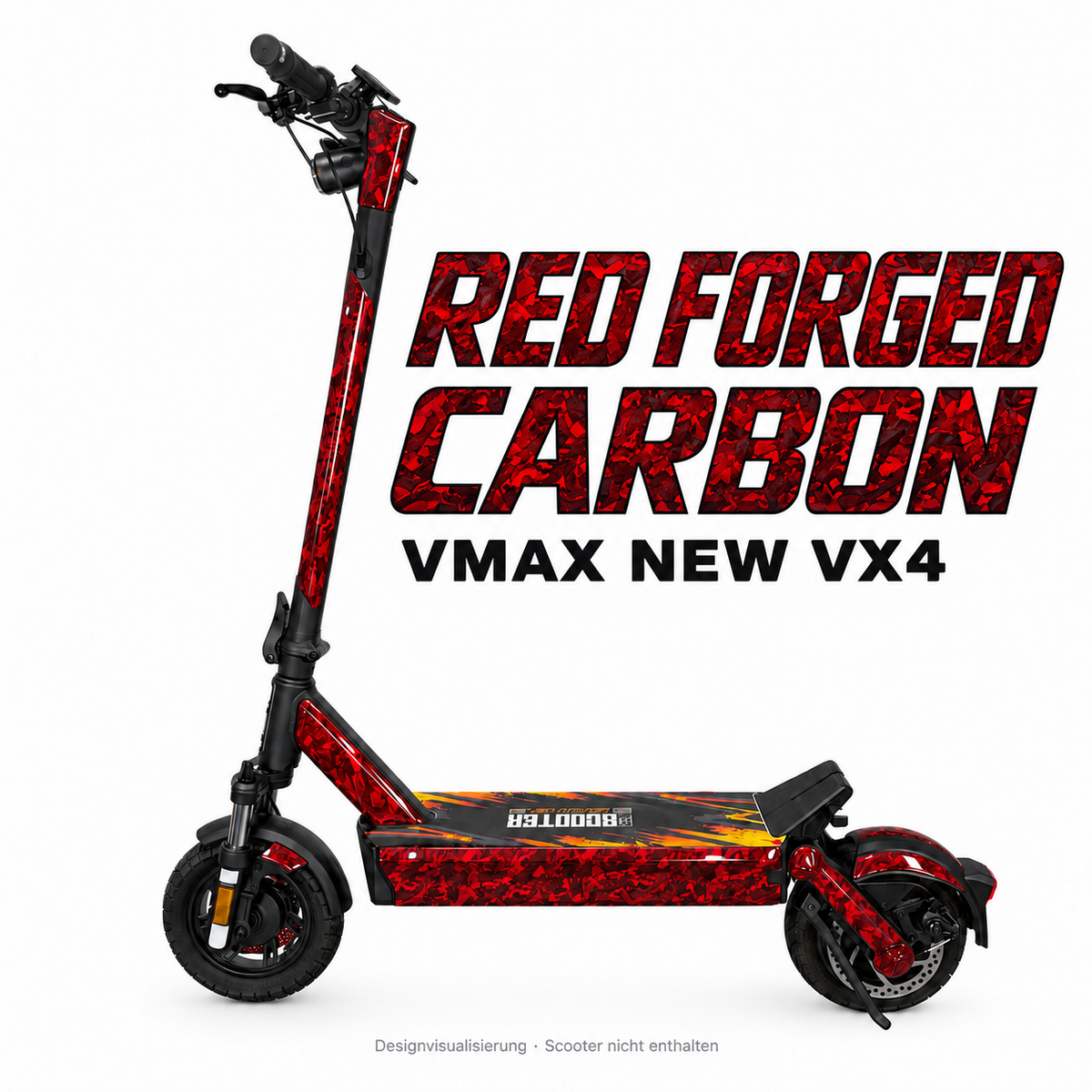 VMAX NEW VX4 SKIN | RED FORGED CARBON – Designvisualisierung am passenden Scooter. Scooter nicht enthalten.