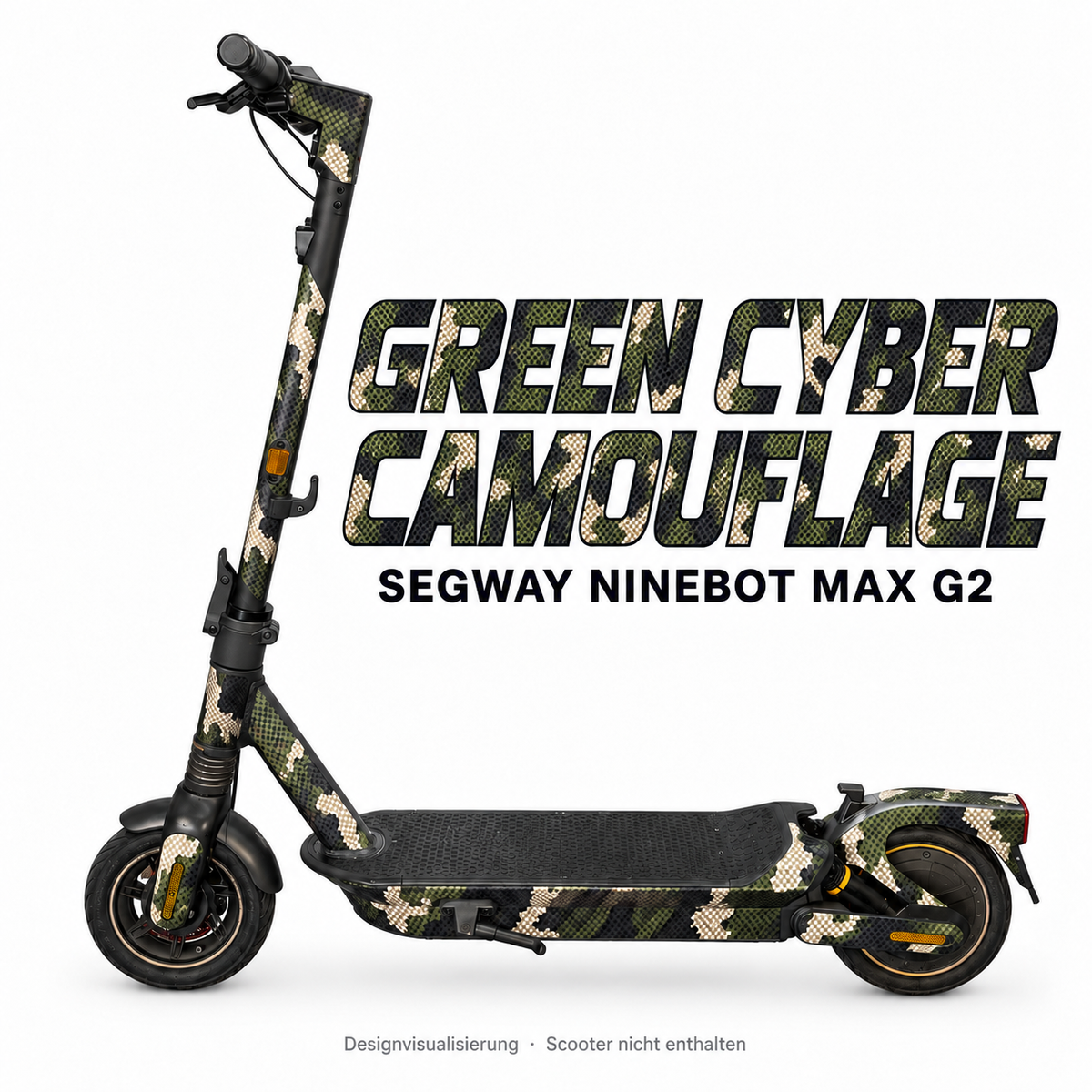 SEGWAY NINEBOT G2 MAX SKIN | GREEN CYBER CAMOUFLAGE – Designvisualisierung am passenden Scooter. Scooter nicht enthalten.