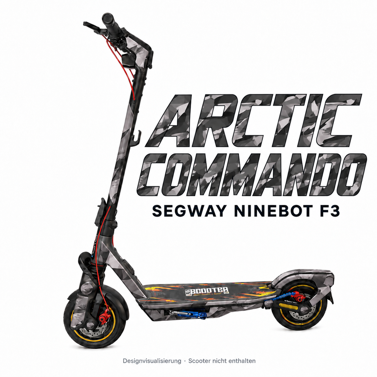SEGWAY NINEBOT F3 SKIN | ARCTIC COMMANDO – Designvisualisierung am passenden Scooter. Scooter nicht enthalten.