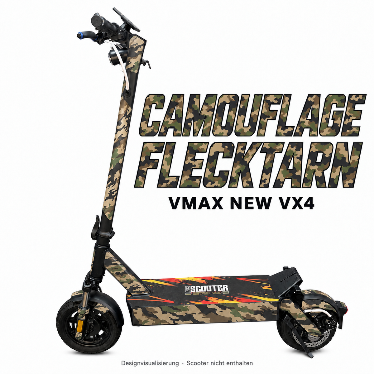 VMAX NEW VX4 SKIN | CAMOUFLAGE FLECKTARN – Designvisualisierung am passenden Scooter. Scooter nicht enthalten.