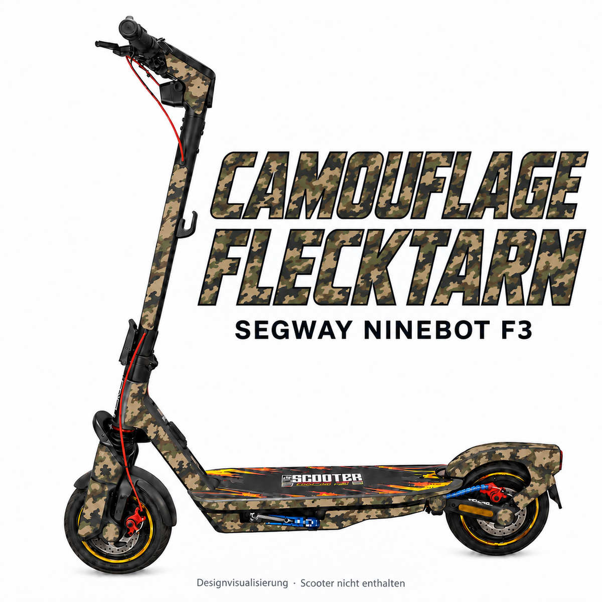 SEGWAY NINEBOT F3 SKIN | CAMOUFLAGE FLECKTARN – Designvisualisierung am passenden Scooter. Scooter nicht enthalten.