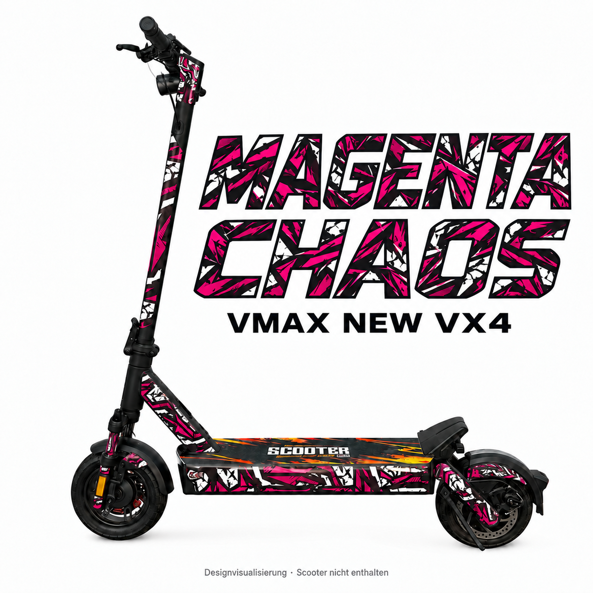 VMAX NEW VX4 SKIN | MAGENTA CHAOS – Designvisualisierung am passenden Scooter. Scooter nicht enthalten.