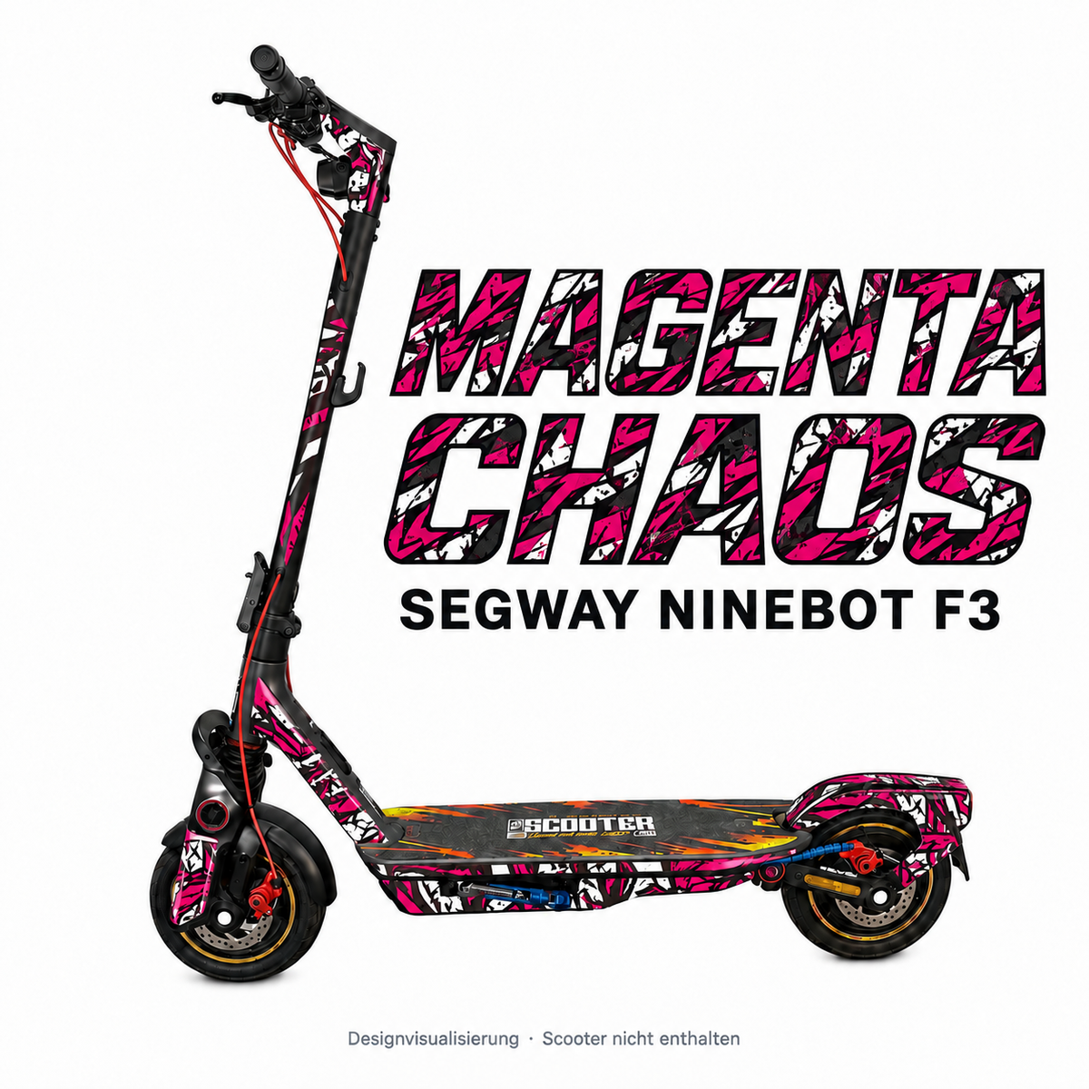 SEGWAY NINEBOT F3 SKIN | MAGENTA CHAOS – Designvisualisierung am passenden Scooter. Scooter nicht enthalten.