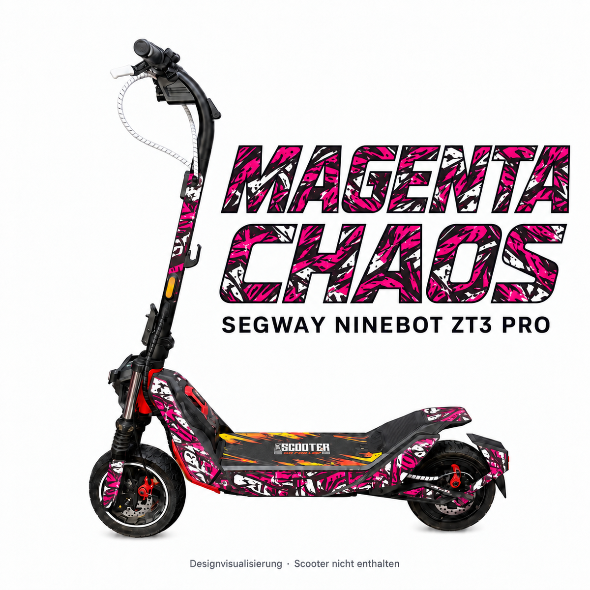 SEGWAY NINEBOT ZT3 SKIN | MAGENTA CHAOS – Designvisualisierung am passenden Scooter. Scooter nicht enthalten.