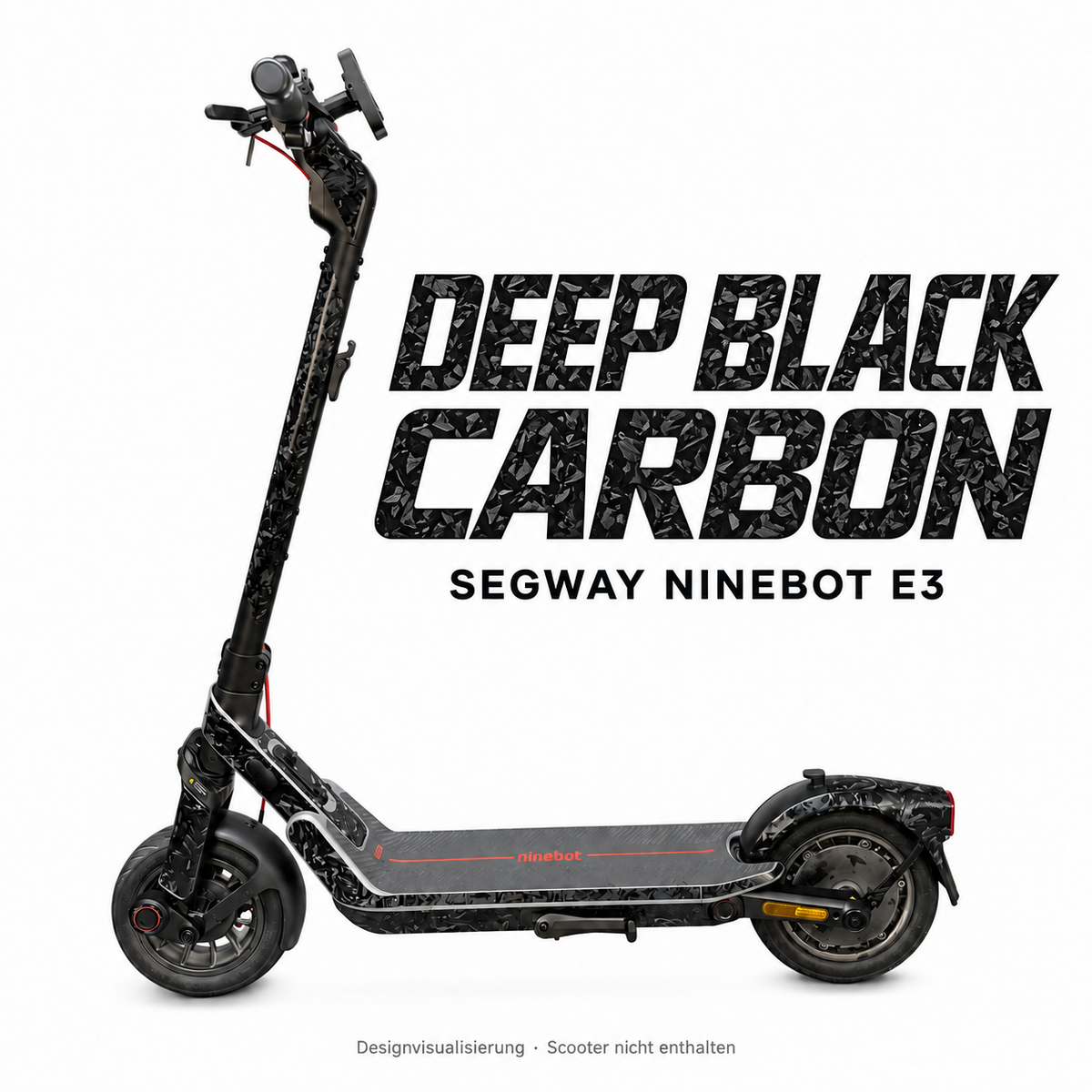SEGWAY NINEBOT E3 SKIN | DEEP BLACK CARBON – Designvisualisierung am passenden Scooter. Scooter nicht enthalten.