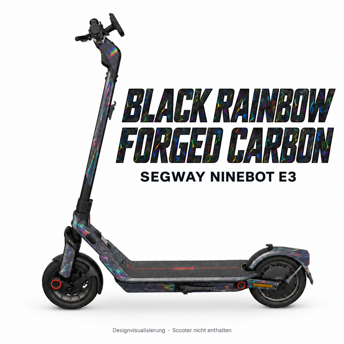 SEGWAY NINEBOT E3 SKIN | BLACK RAINBOW FORGED CARBON – Designvisualisierung am passenden Scooter. Scooter nicht enthalten.