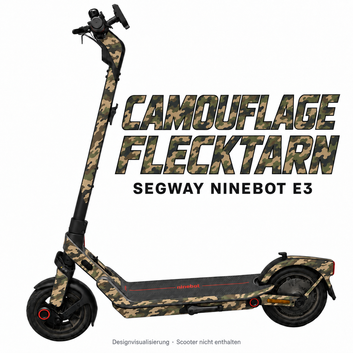SEGWAY NINEBOT E3 SKIN | CAMOUFLAGE FLECKTARN – Designvisualisierung am passenden Scooter. Scooter nicht enthalten.