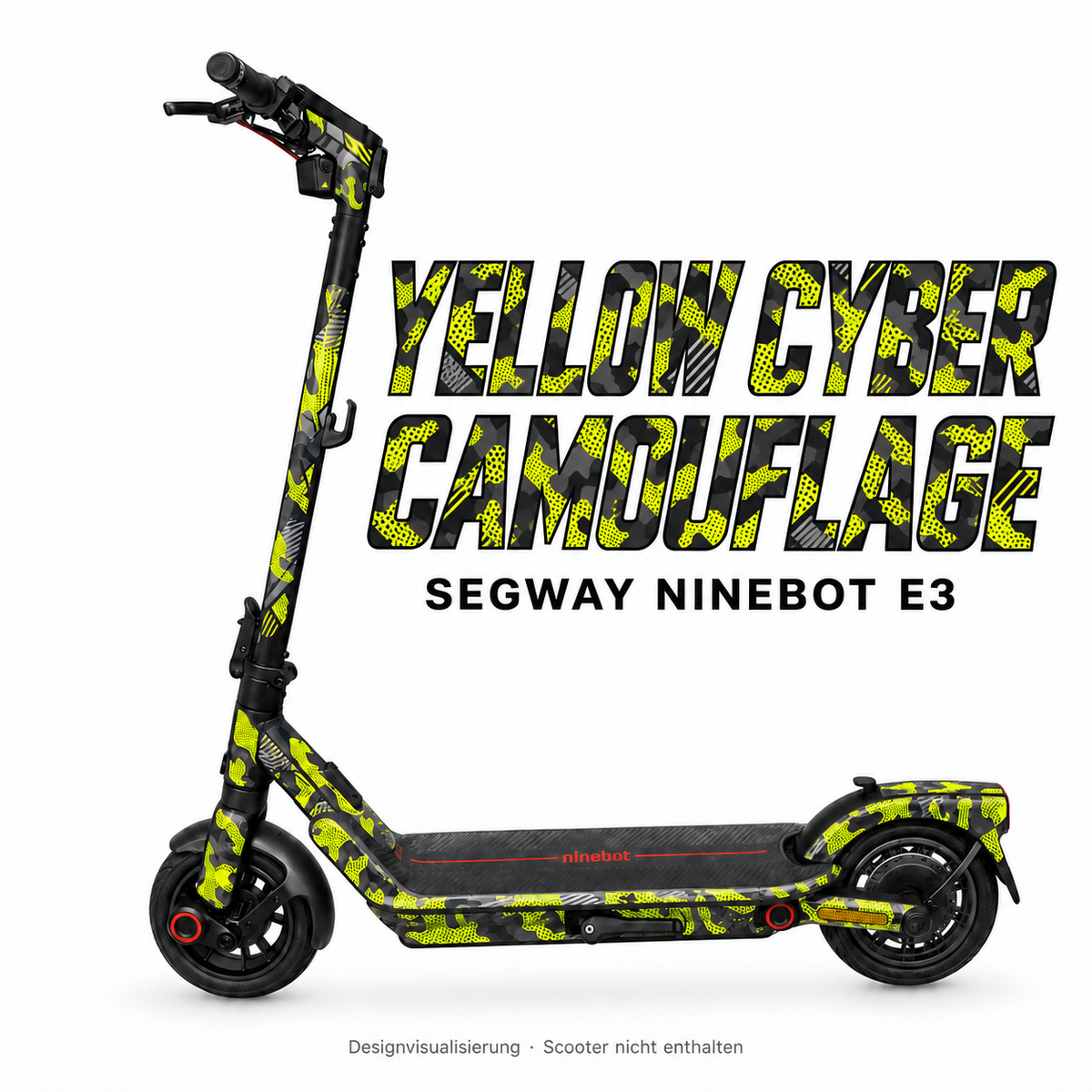 SEGWAY NINEBOT E3 SKIN | YELLOW CYBER CAMOUFLAGE – Designvisualisierung am passenden Scooter. Scooter nicht enthalten.