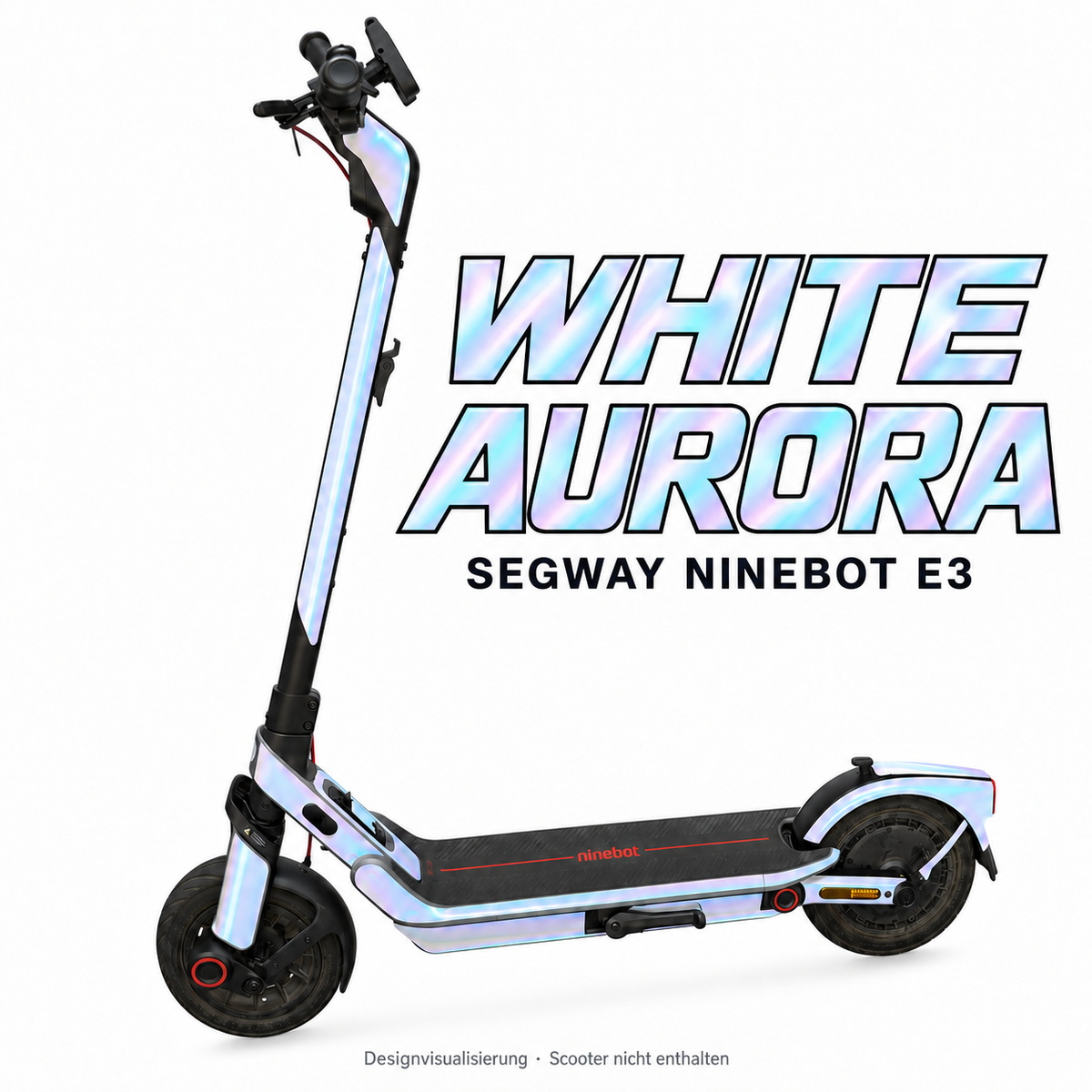 SEGWAY NINEBOT E3 SKIN | WHITE AURORA – Designvisualisierung am passenden Scooter. Scooter nicht enthalten.