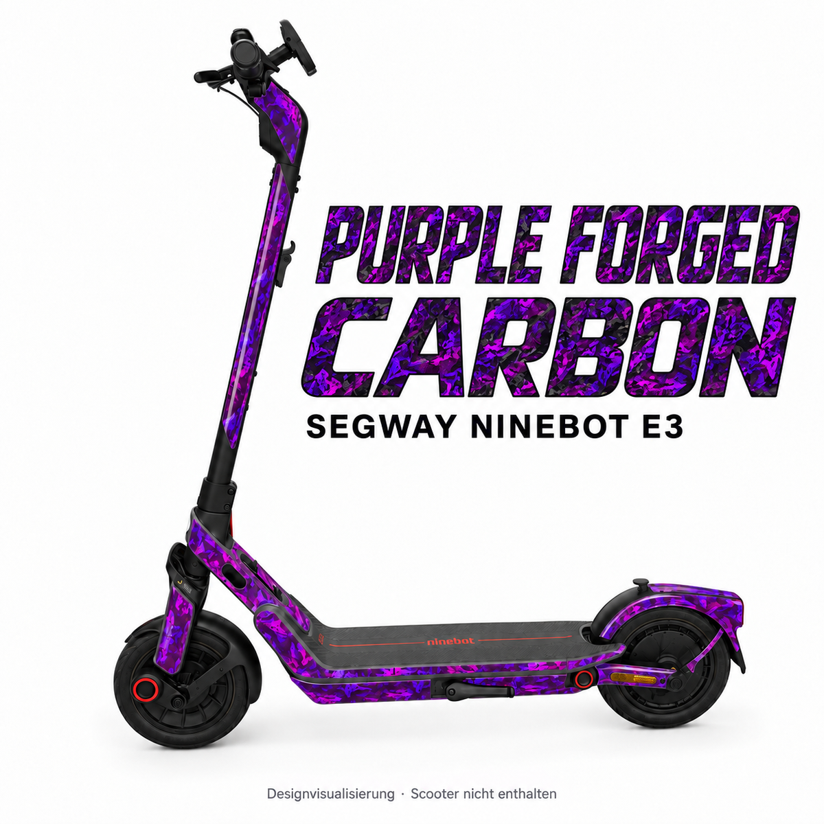 SEGWAY NINEBOT E3 SKIN | PURPLE FORGED CARBON – Designvisualisierung am passenden Scooter. Scooter nicht enthalten.