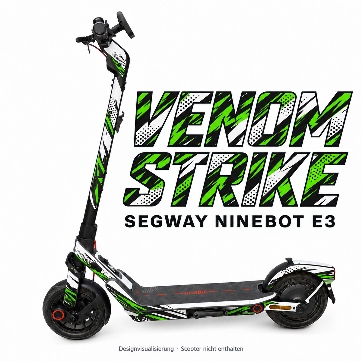 SEGWAY NINEBOT E3 SKIN | VENOM STRIKE – Designvisualisierung am passenden Scooter. Scooter nicht enthalten.