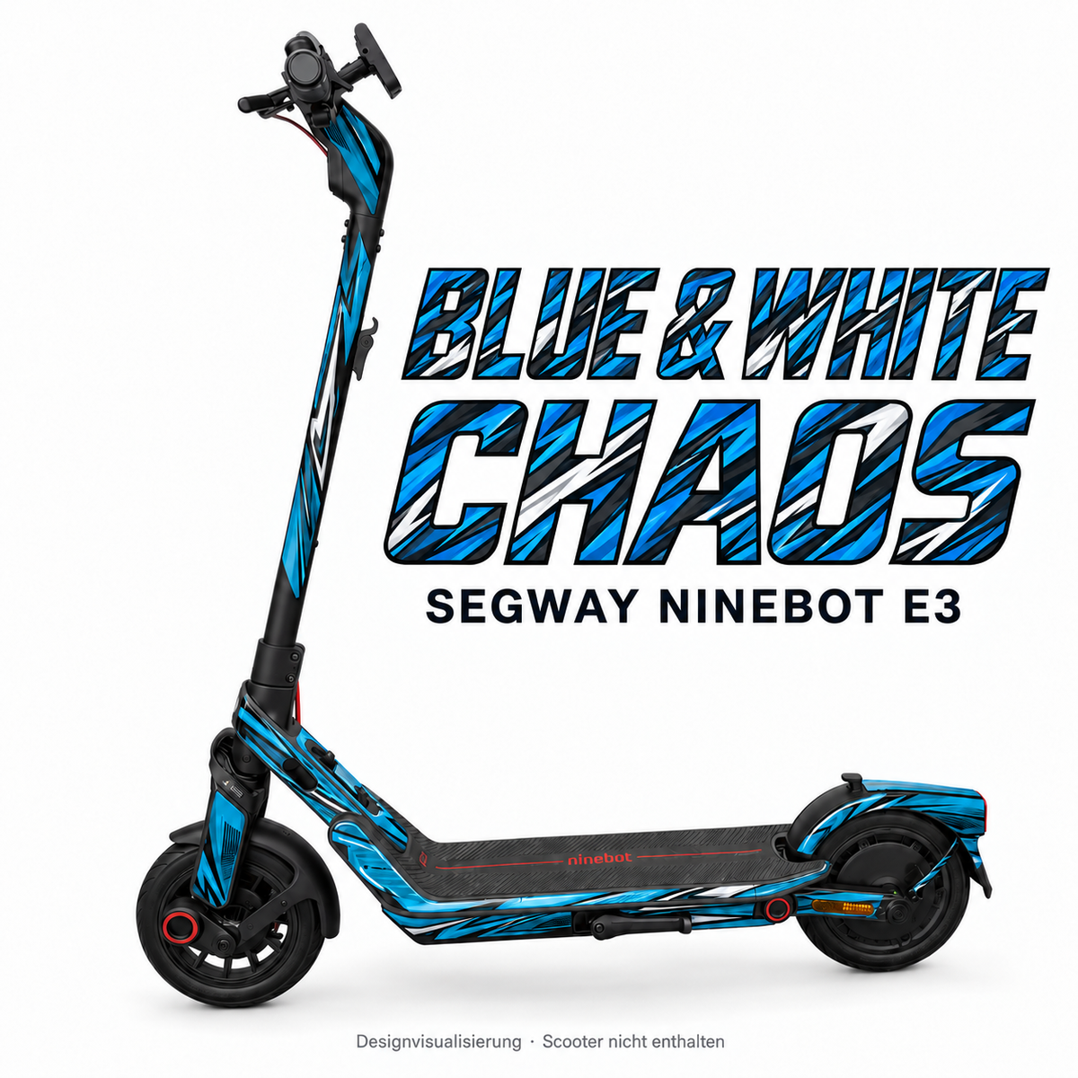 SEGWAY NINEBOT E3 SKIN | BLUE & WHITE CHAOS – Designvisualisierung am passenden Scooter. Scooter nicht enthalten.