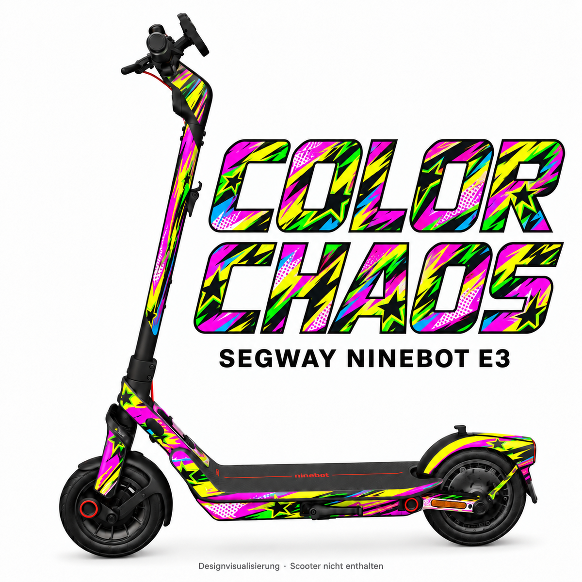 SEGWAY NINEBOT E3 SKIN | COLOR CHAOS – Designvisualisierung am passenden Scooter. Scooter nicht enthalten.