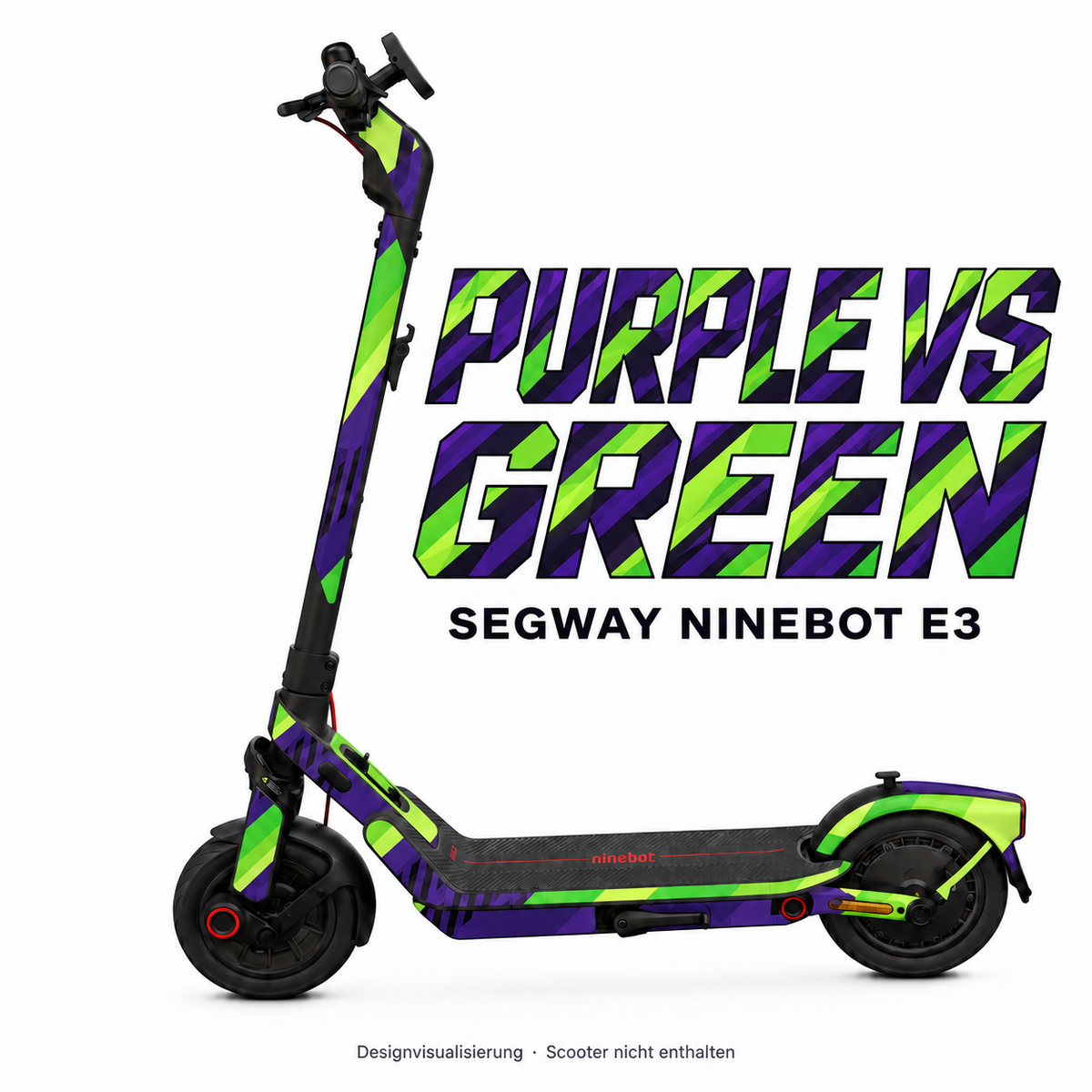 SEGWAY NINEBOT E3 SKIN | PURPLE VS GREEN – Designvisualisierung am passenden Scooter. Scooter nicht enthalten.