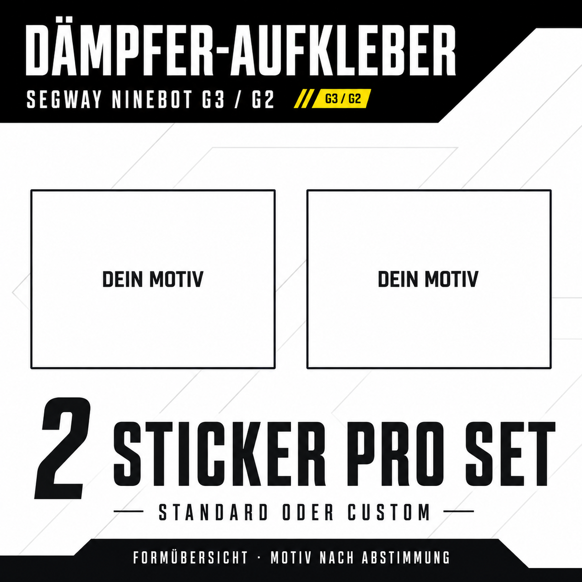 Dämpfer-Aufkleber G3 oder G2 – 2 Sticker pro Set, Standard oder Custom; Formübersicht, Motiv nach Abstimmung