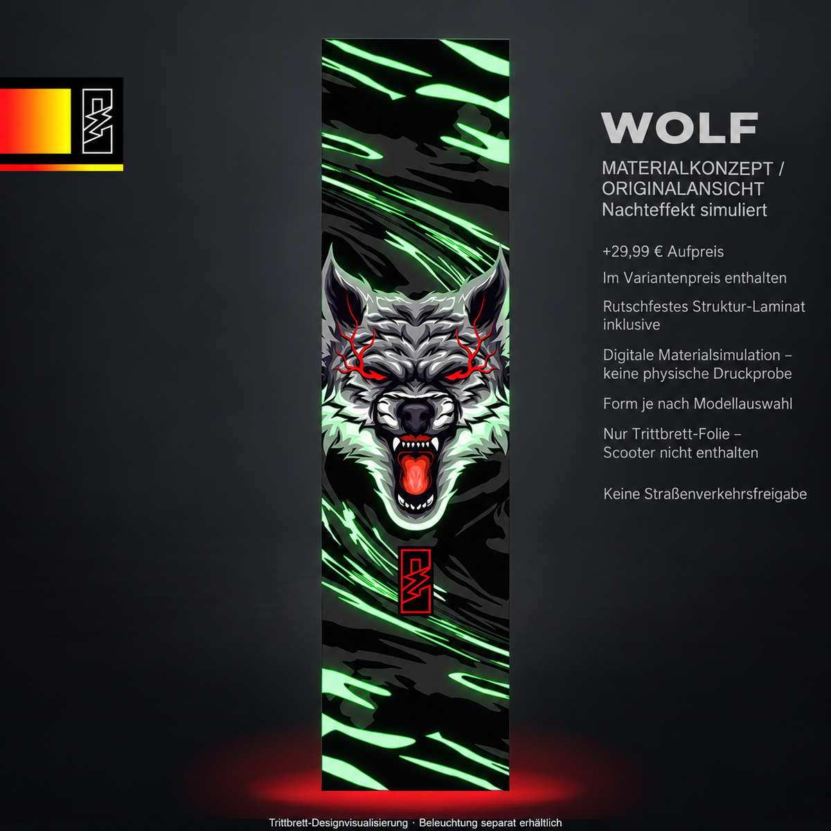WOLF Trittbrett-Skin – Nachteffekt simuliert, +29,99 € Aufpreis im Variantenpreis enthalten. Digitale Materialsimulation, keine physische Druckprobe. Dunkler und dichter Druck dämpft den Materialeffekt. Form je nach Modellauswahl; Scooter nicht enthalten.