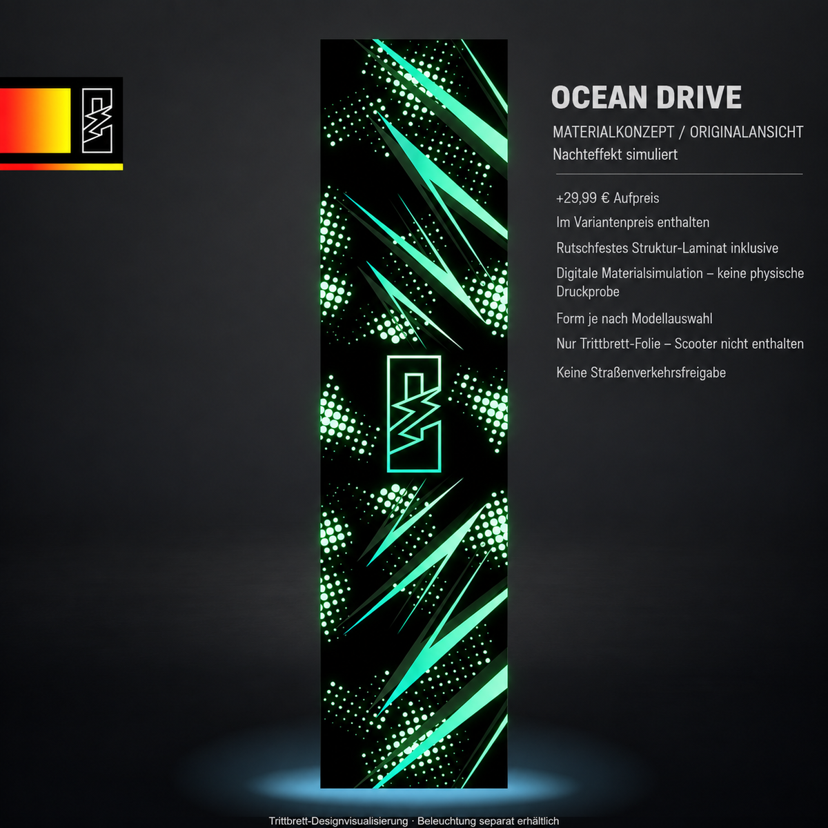 OCEAN DRIVE Trittbrett-Skin – Nachteffekt simuliert, +29,99 € Aufpreis im Variantenpreis enthalten. Digitale Materialsimulation, keine physische Druckprobe. Dunkler und dichter Druck dämpft den Materialeffekt. Form je nach Modellauswahl; Scooter nicht enthalten.