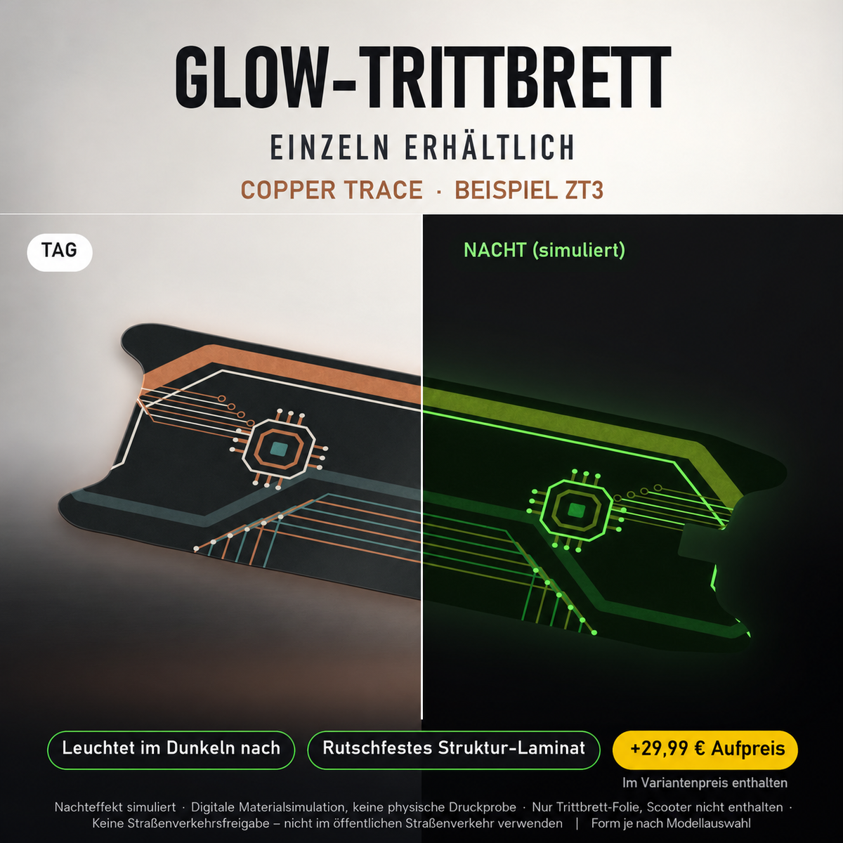 COPPER TRACE Trittbrett-Skin – Nachteffekt simuliert, +29,99 € Aufpreis im Variantenpreis enthalten. Digitale Materialsimulation, keine physische Druckprobe. Form je nach Modellauswahl; Scooter nicht enthalten.
