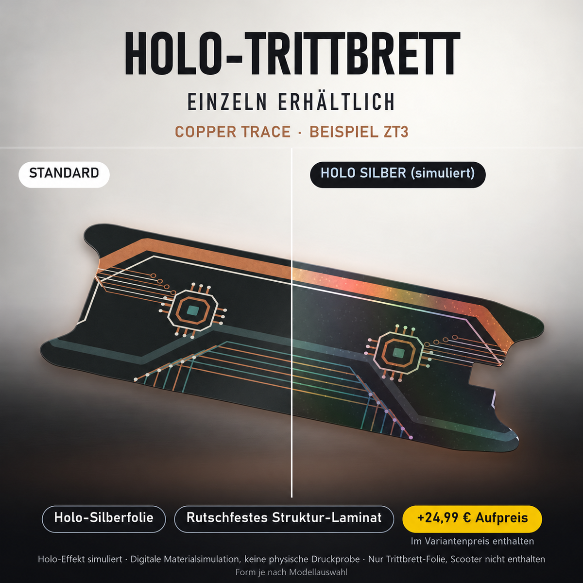 COPPER TRACE Trittbrett-Skin – Holo-Effekt simuliert, +24,99 € Aufpreis im Variantenpreis enthalten. Digitale Materialsimulation, keine physische Druckprobe. Form je nach Modellauswahl; Scooter nicht enthalten.