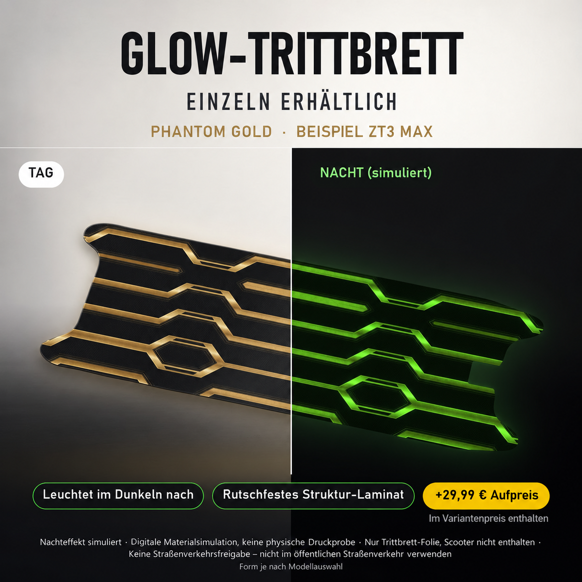 PHANTOM GOLD Trittbrett-Skin – Nachteffekt simuliert, +29,99 € Aufpreis im Variantenpreis enthalten. Digitale Materialsimulation, keine physische Druckprobe. Form je nach Modellauswahl; Scooter nicht enthalten.