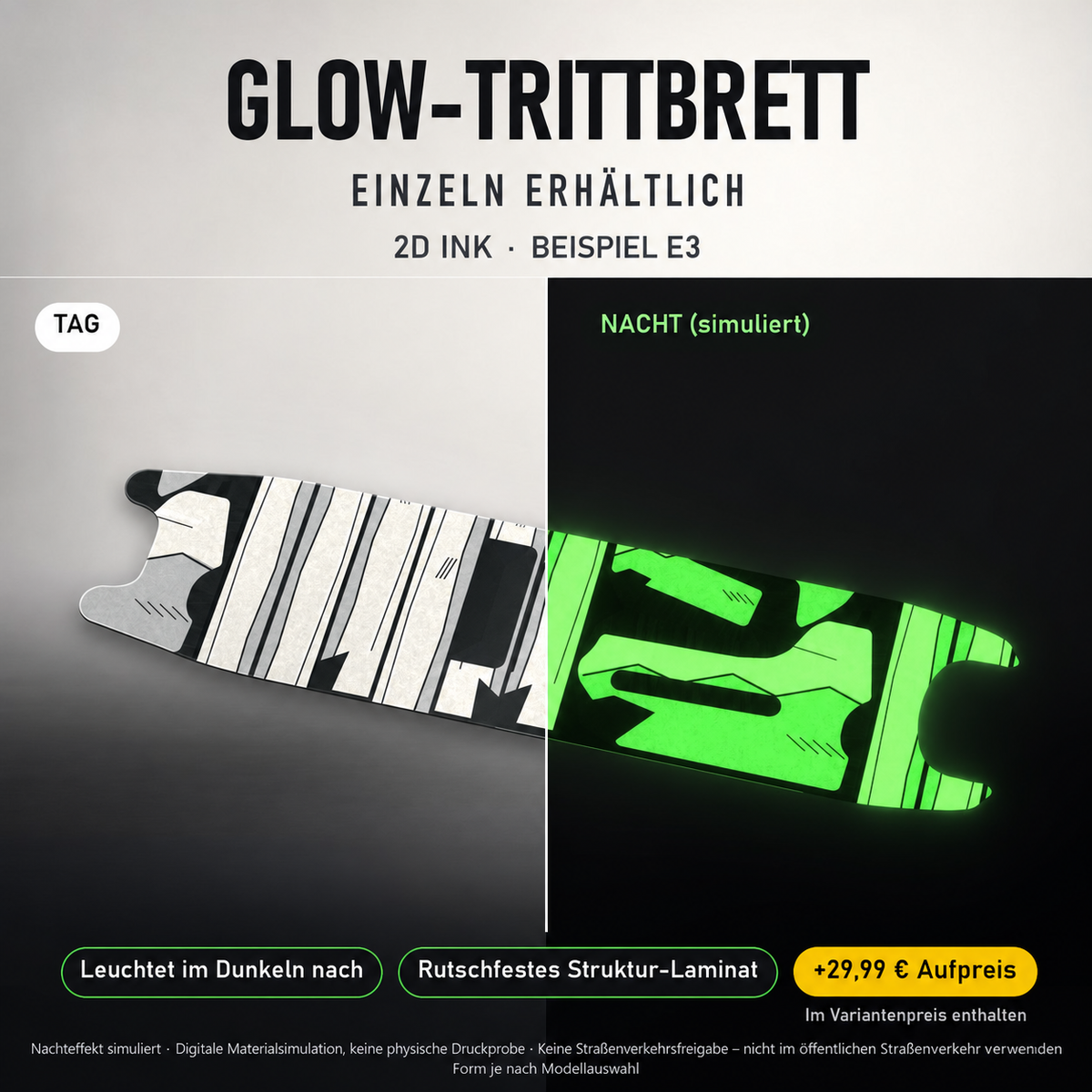 2D INK Trittbrett-Skin – Nachteffekt simuliert, +29,99 € Aufpreis im Variantenpreis enthalten. Beispiel E3; Form je nach Modellauswahl. Digitale Materialsimulation, keine physische Druckprobe. Scooter nicht enthalten.