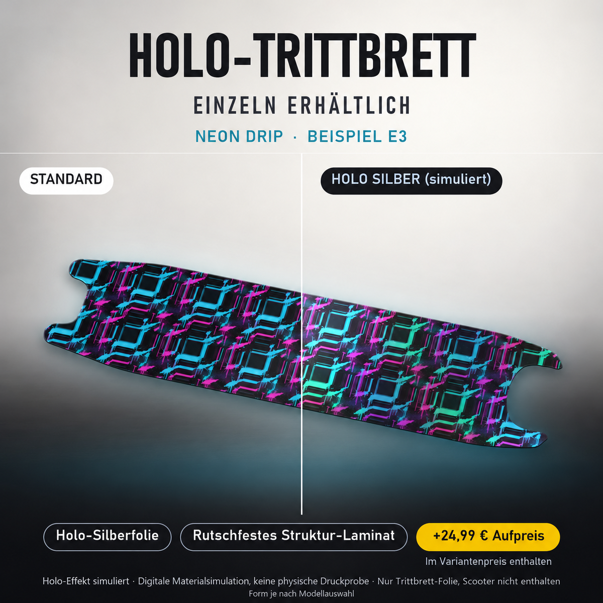 NEON DRIP Trittbrett-Skin – Holo-Effekt simuliert, +24,99 € Aufpreis im Variantenpreis enthalten. Beispiel E3; Form je nach Modellauswahl. Digitale Materialsimulation, keine physische Druckprobe. Scooter nicht enthalten.