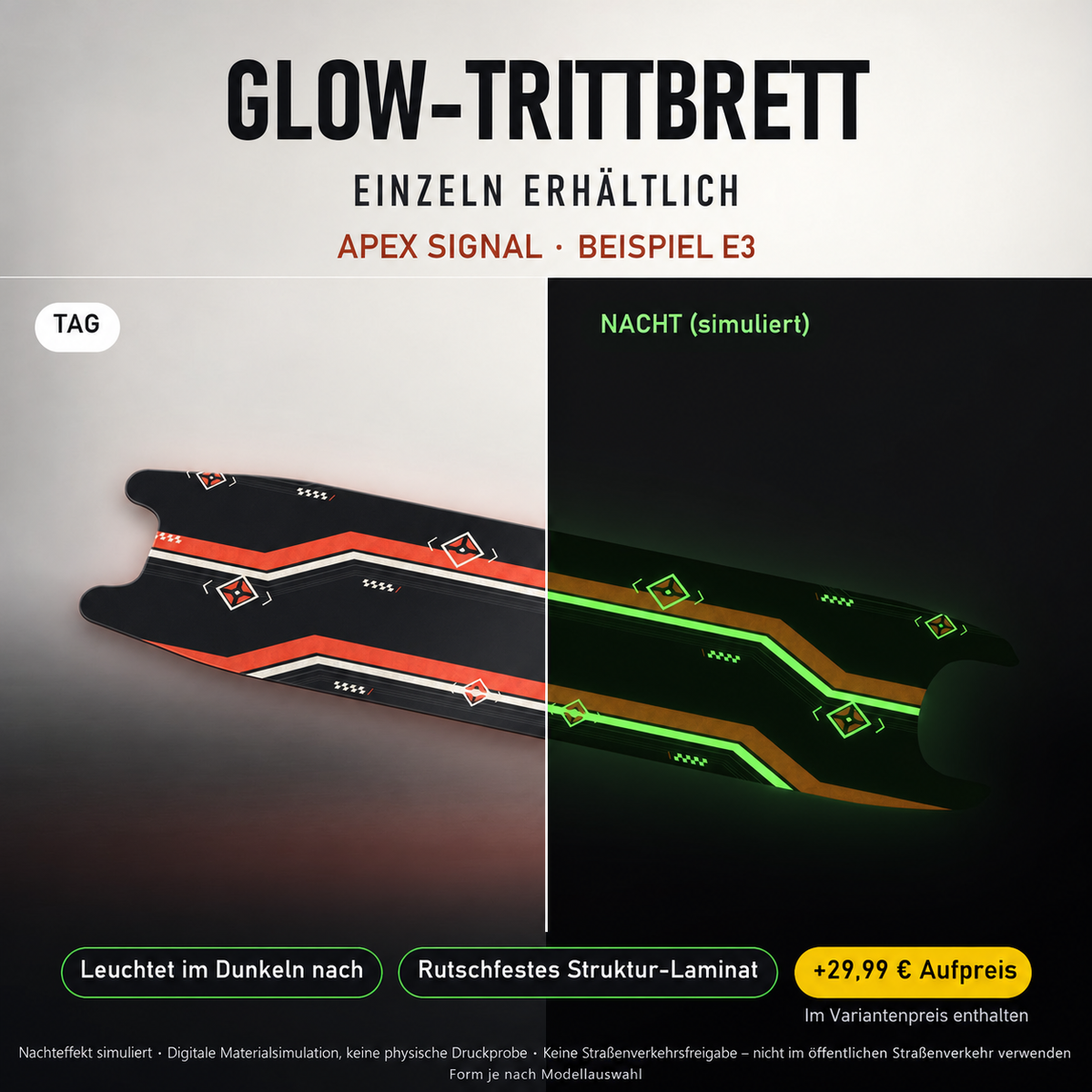 APEX SIGNAL Trittbrett-Skin – Nachteffekt simuliert, +29,99 € Aufpreis im Variantenpreis enthalten. Beispiel E3; Form je nach Modellauswahl. Digitale Materialsimulation, keine physische Druckprobe. Scooter nicht enthalten.