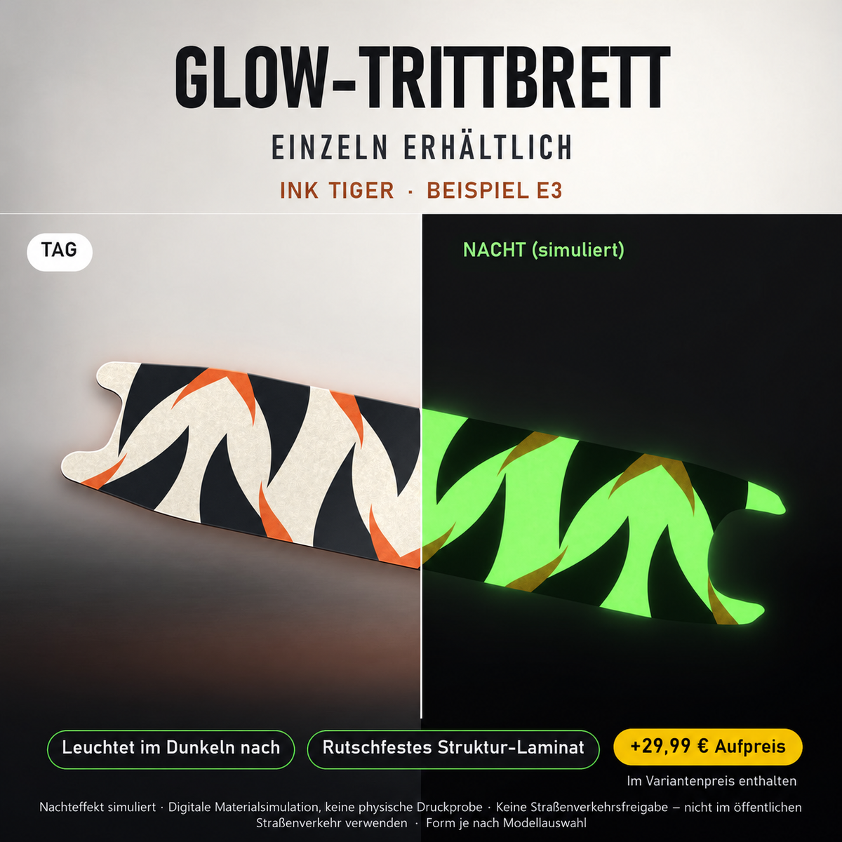 INK TIGER Trittbrett-Skin – Nachteffekt simuliert, +29,99 € Aufpreis im Variantenpreis enthalten. Digitale Materialsimulation, keine physische Druckprobe. Form je nach Modellauswahl; Scooter nicht enthalten.
