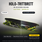 ACID FORGE Trittbrett-Skin – Standard/Holo Silber im Vergleich. Holo-Effekt simuliert; 20x80 cm Bogen 64,98 €, Modellzuschnitt 74,98 €. Digitale Materialsimulation, keine physische Druckprobe; Beispiel E3; Scooter nicht enthalten.