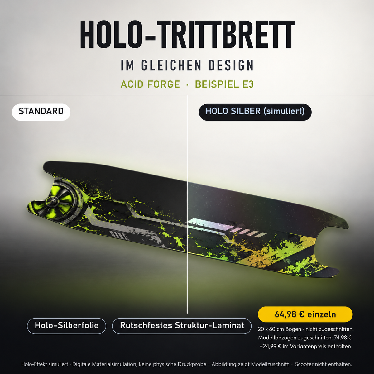 ACID FORGE Trittbrett-Skin – Standard/Holo Silber im Vergleich. Holo-Effekt simuliert; 20x80 cm Bogen 64,98 €, Modellzuschnitt 74,98 €. Digitale Materialsimulation, keine physische Druckprobe; Beispiel E3; Scooter nicht enthalten.