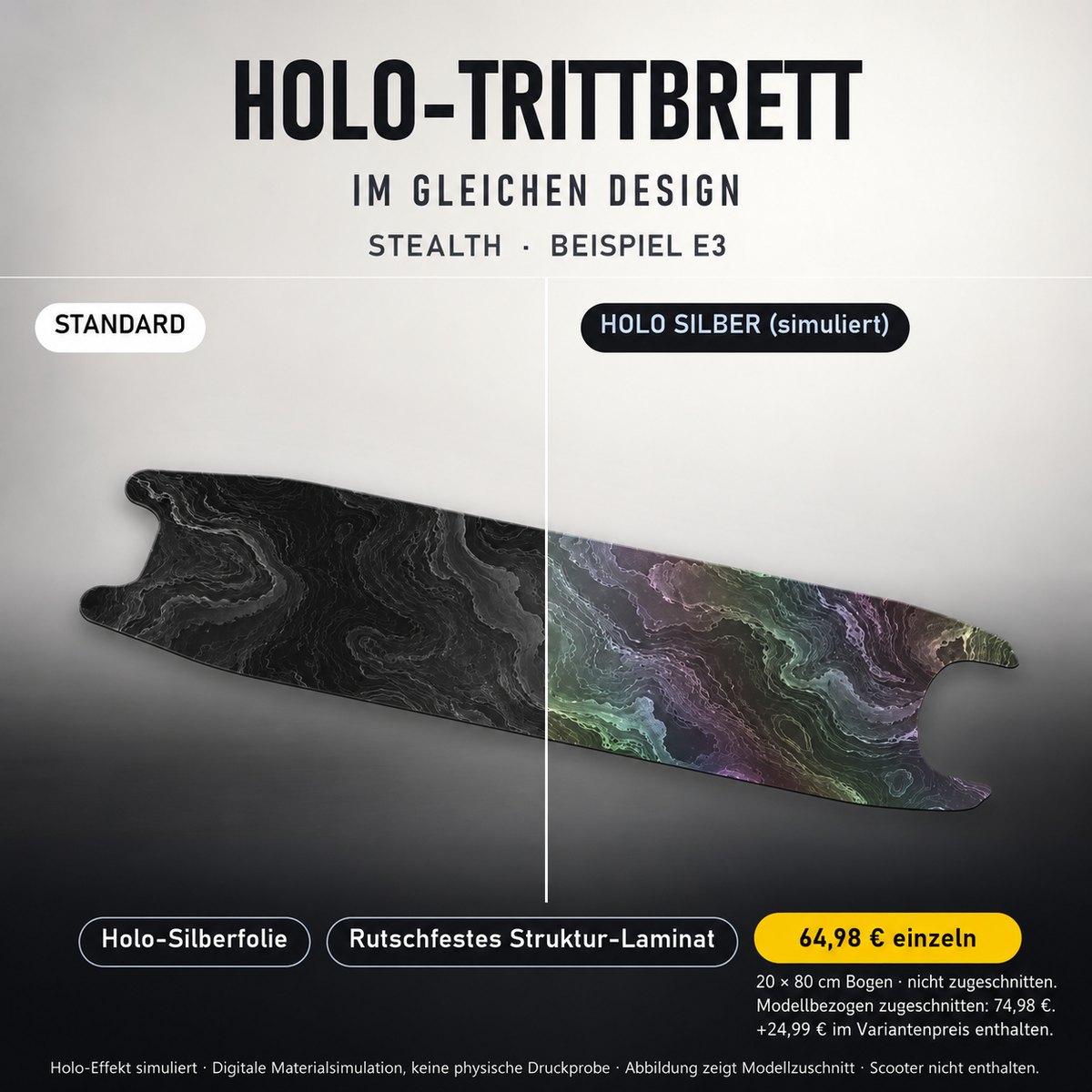 STEALTH Trittbrett-Skin – Standard/Holo Silber im Vergleich. Holo-Effekt simuliert; 20x80 cm Bogen 64,98 €, Modellzuschnitt 74,98 €. Digitale Materialsimulation, keine physische Druckprobe; Beispiel E3; Scooter nicht enthalten.
