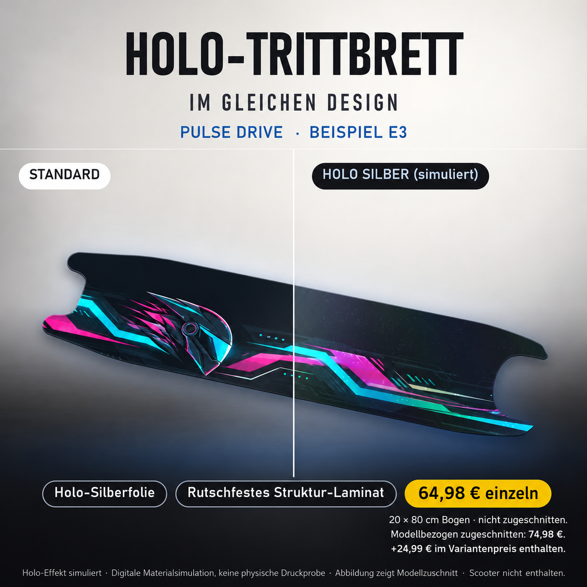 PULSE DRIVE Trittbrett-Skin – Standard/Holo Silber im Vergleich. Holo-Effekt simuliert; 20x80 cm Bogen 64,98 €, Modellzuschnitt 74,98 €. Digitale Materialsimulation, keine physische Druckprobe; Beispiel E3; Scooter nicht enthalten.