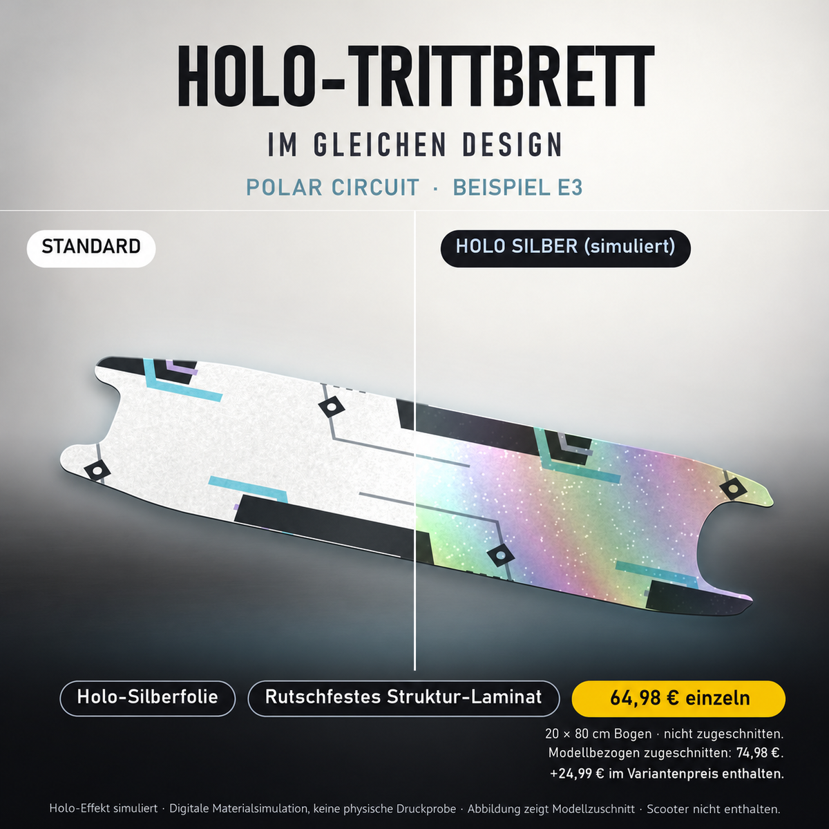 POLAR CIRCUIT Trittbrett-Skin – Standard/Holo Silber im Vergleich. Holo-Effekt simuliert; 20x80 cm Bogen 64,98 €, Modellzuschnitt 74,98 €. Digitale Materialsimulation, keine physische Druckprobe; Beispiel E3; Scooter nicht enthalten.