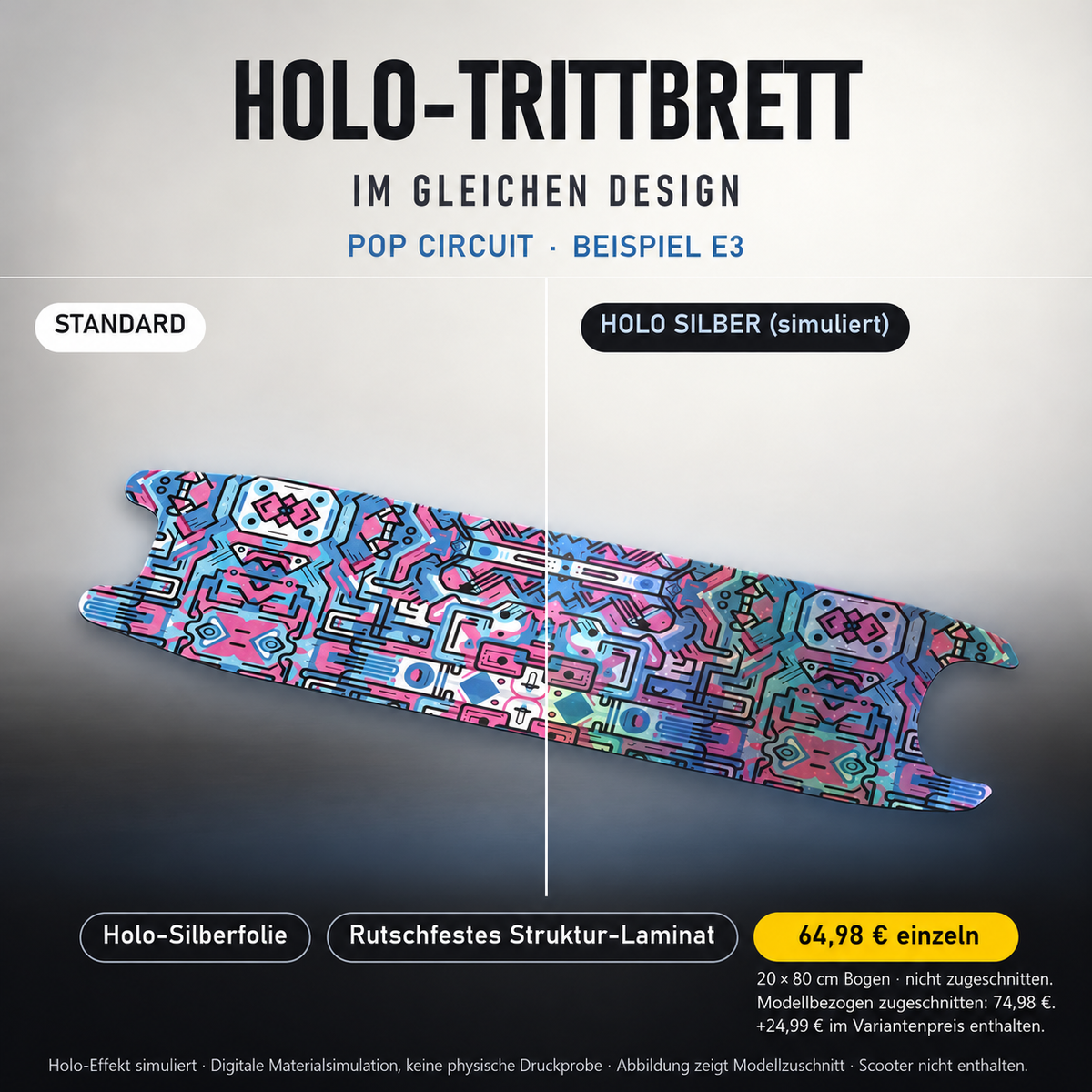 POP CIRCUIT Trittbrett-Skin – Standard/Holo Silber im Vergleich. Holo-Effekt simuliert; 20x80 cm Bogen 64,98 €, Modellzuschnitt 74,98 €. Digitale Materialsimulation, keine physische Druckprobe; Beispiel E3; Scooter nicht enthalten.