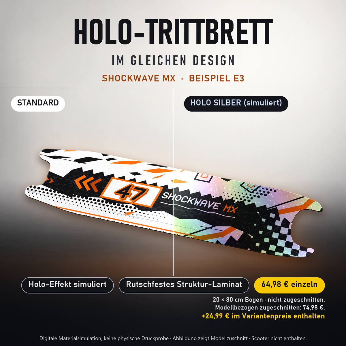 SHOCKWAVE MX Trittbrett-Skin – Standard/Holo Silber im Vergleich, Holo-Effekt simuliert, 20x80 cm Bogen 64,98 €, Modellzuschnitt 74,98 €. +24,99 € im Variantenpreis enthalten. Beispiel E3; digitale Darstellung, keine physische Druckprobe; Scooter nicht enthalten.