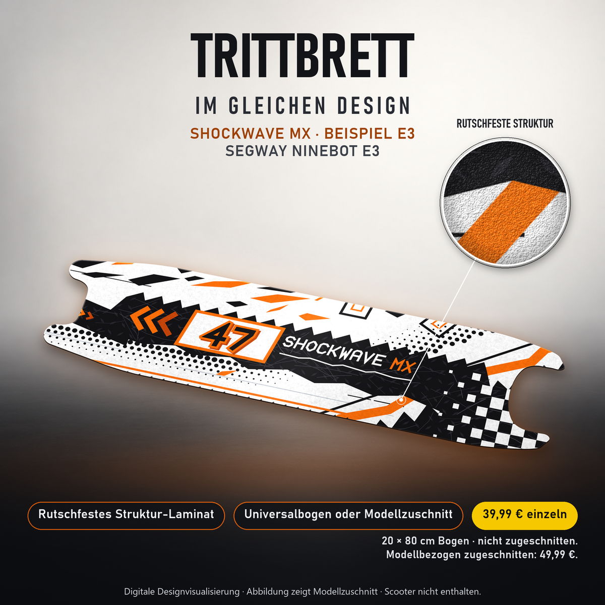 SHOCKWAVE MX Trittbrett-Skin – Standard, 20x80 cm Bogen 39,99 €, Modellzuschnitt 49,99 €. Beispiel E3; digitale Darstellung, keine physische Druckprobe; Scooter nicht enthalten.