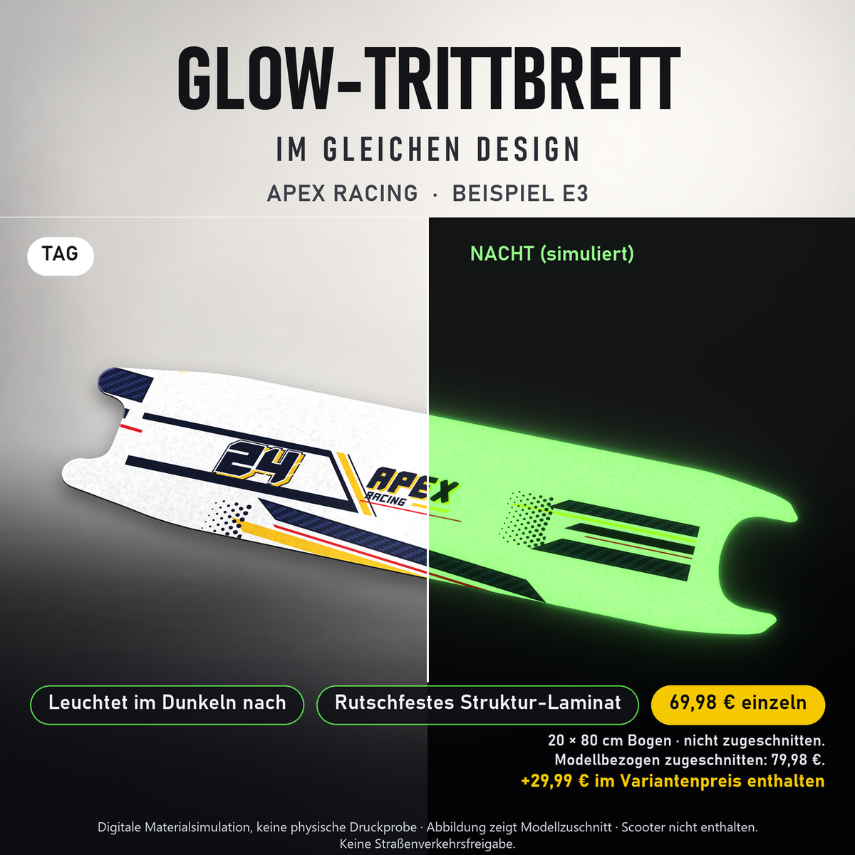 APEX RACING Trittbrett-Skin – Glow Tag/Nacht simuliert, 20x80 cm Bogen 69,98 €, Modellzuschnitt 79,98 €. +29,99 € im Variantenpreis enthalten. Beispiel E3; digitale Darstellung, keine physische Druckprobe; Scooter nicht enthalten.