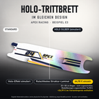 APEX RACING Trittbrett-Skin – Standard/Holo Silber im Vergleich, Holo-Effekt simuliert, 20x80 cm Bogen 64,98 €, Modellzuschnitt 74,98 €. +24,99 € im Variantenpreis enthalten. Beispiel E3; digitale Darstellung, keine physische Druckprobe; Scooter nicht enthalten.