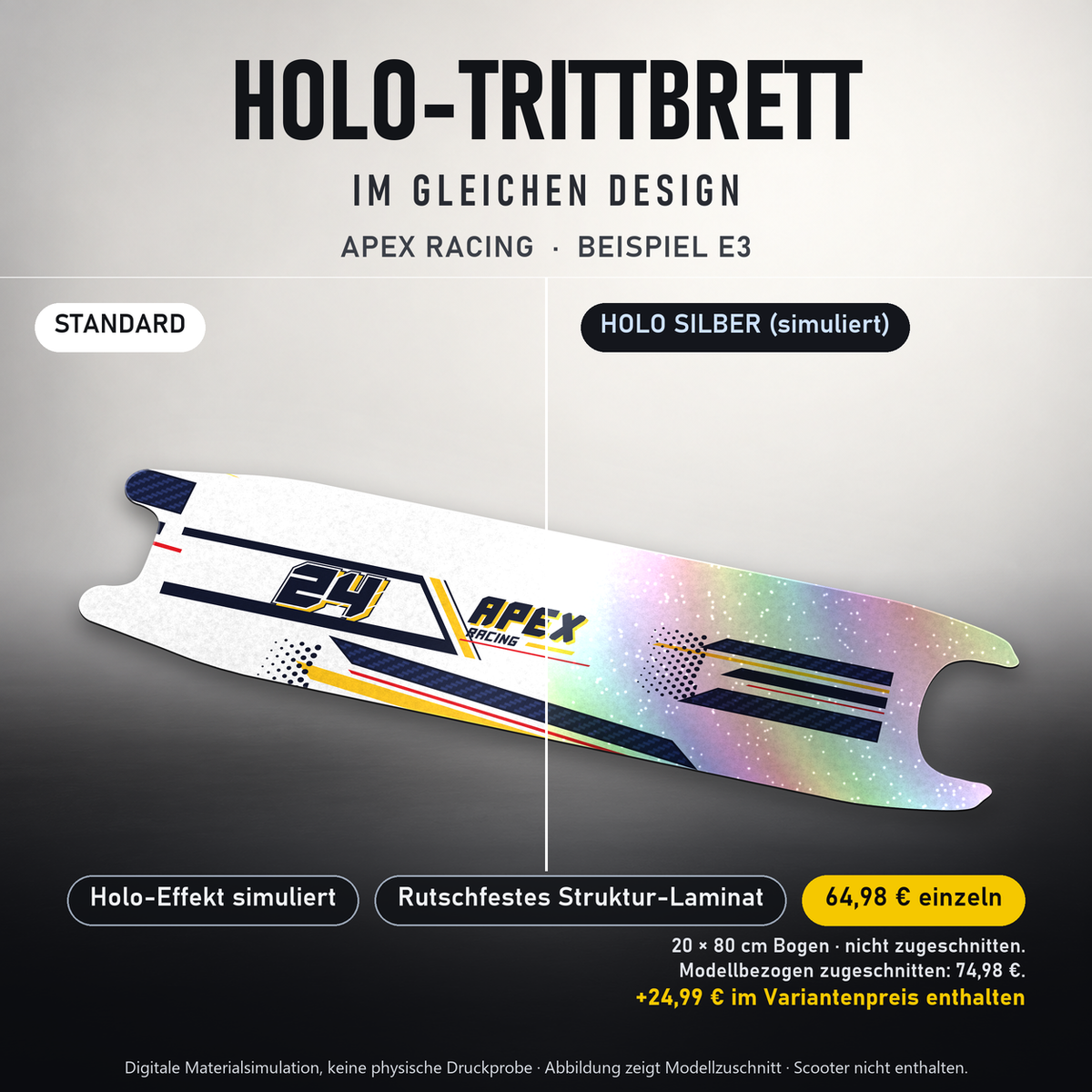 APEX RACING Trittbrett-Skin – Standard/Holo Silber im Vergleich, Holo-Effekt simuliert, 20x80 cm Bogen 64,98 €, Modellzuschnitt 74,98 €. +24,99 € im Variantenpreis enthalten. Beispiel E3; digitale Darstellung, keine physische Druckprobe; Scooter nicht enthalten.