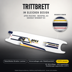 APEX RACING Trittbrett-Skin – Standard, 20x80 cm Bogen 39,99 €, Modellzuschnitt 49,99 €. Beispiel E3; digitale Darstellung, keine physische Druckprobe; Scooter nicht enthalten.