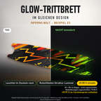 INFERNO BOLT Trittbrett-Skin – Glow Tag/Nacht simuliert, 20x80 cm Bogen 69,98 €, Modellzuschnitt 79,98 €. +29,99 € im Variantenpreis enthalten. Beispiel E3; digitale Darstellung, keine physische Druckprobe; Scooter nicht enthalten.