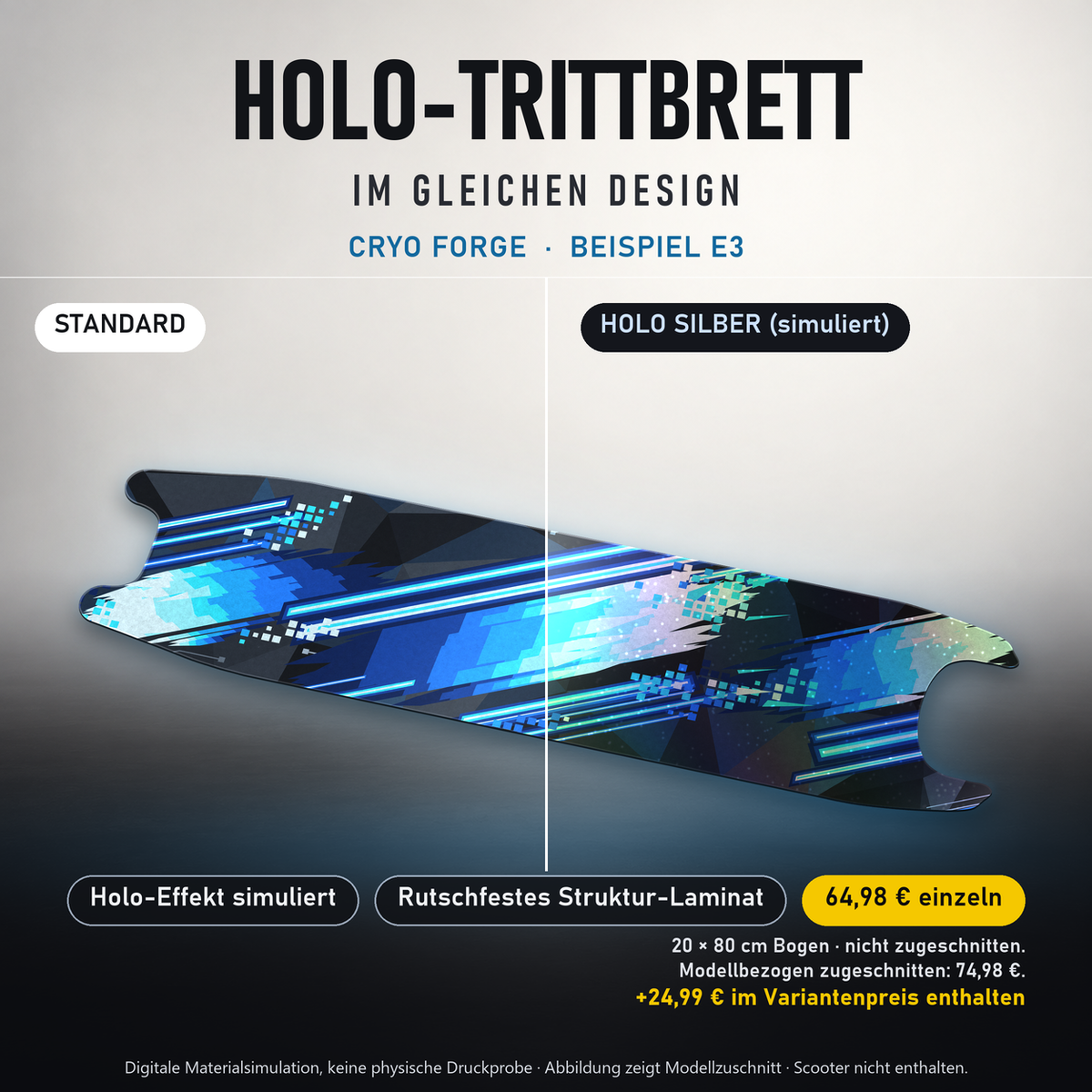 CRYO FORGE Trittbrett-Skin – Standard/Holo Silber im Vergleich, Holo-Effekt simuliert, 20x80 cm Bogen 64,98 €, Modellzuschnitt 74,98 €. +24,99 € im Variantenpreis enthalten. Beispiel E3; digitale Darstellung, keine physische Druckprobe; Scooter nicht enthalten.